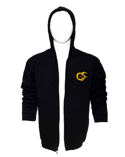 Hoody Fleece Long Sleeve Sweater with Full Length Zipper to Front. In Black and Navy Blue, with Small Multicolored Culturefresh Logo to Left Chest. Sizes 2XL, XL, L, M, S.