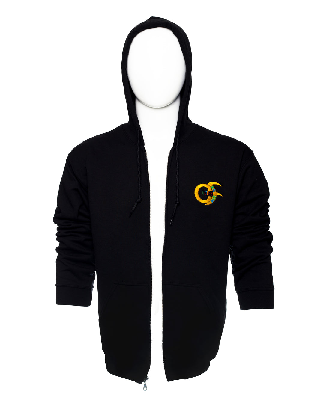 Hoody Fleece Long Sleeve Sweater with Full Length Zipper to Front. In Black and Navy Blue, with Small Multicolored Culturefresh Logo to Left Chest. Sizes 2XL, XL, L, M, S.