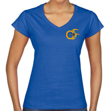 Load image into Gallery viewer, Blue or White Ladies &quot;V&quot; Neck Cap Sleeve T-Shirt with Small Multicoloured Culturefresh Logo to Left Chest.
