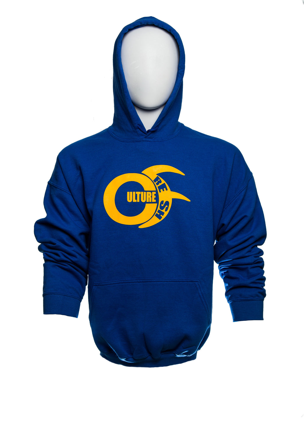 Fleece Hoody Long Sleeve Sweater, in Blue, Red and Black, with Large Gold Culturefresh Logo to Chest. Sizes 2XL, XL, L, M, S.