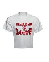 Load image into Gallery viewer, White or Black Short Sleeve T Shirt with THE JOY OF LIFE IS LOOVE (Love in &quot;Witty&quot; spelling), printed in Red on front, with Red culturefresh Logo at back.  
