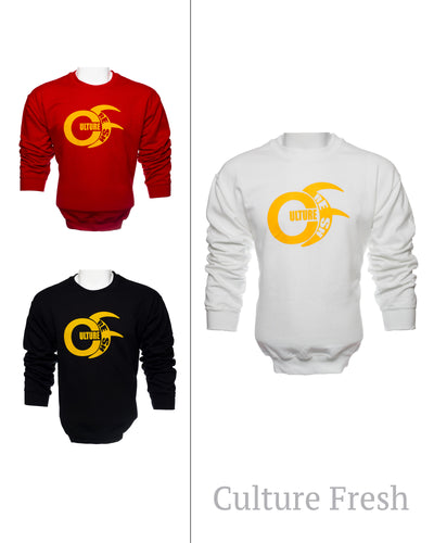 Fleece Crew Neck Long Sleeve Sweater, in  Black,Red and White, with Large Gold Culture Fresh Logo to Chest. Sizes 2XL, XL, L, M, S. 