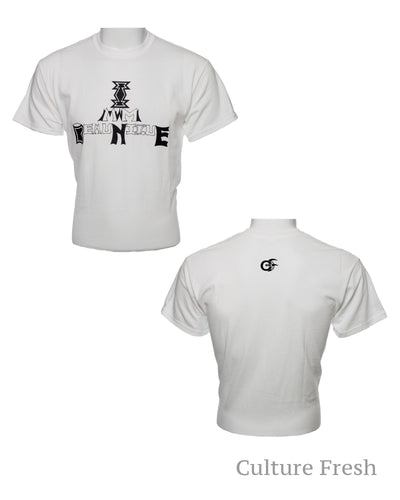 White Short Sleeve T Shirt with I AM BEAUNIQUE print at front with small culturefresh logo at back. I am Beautiful and Unique / Beaunique.
