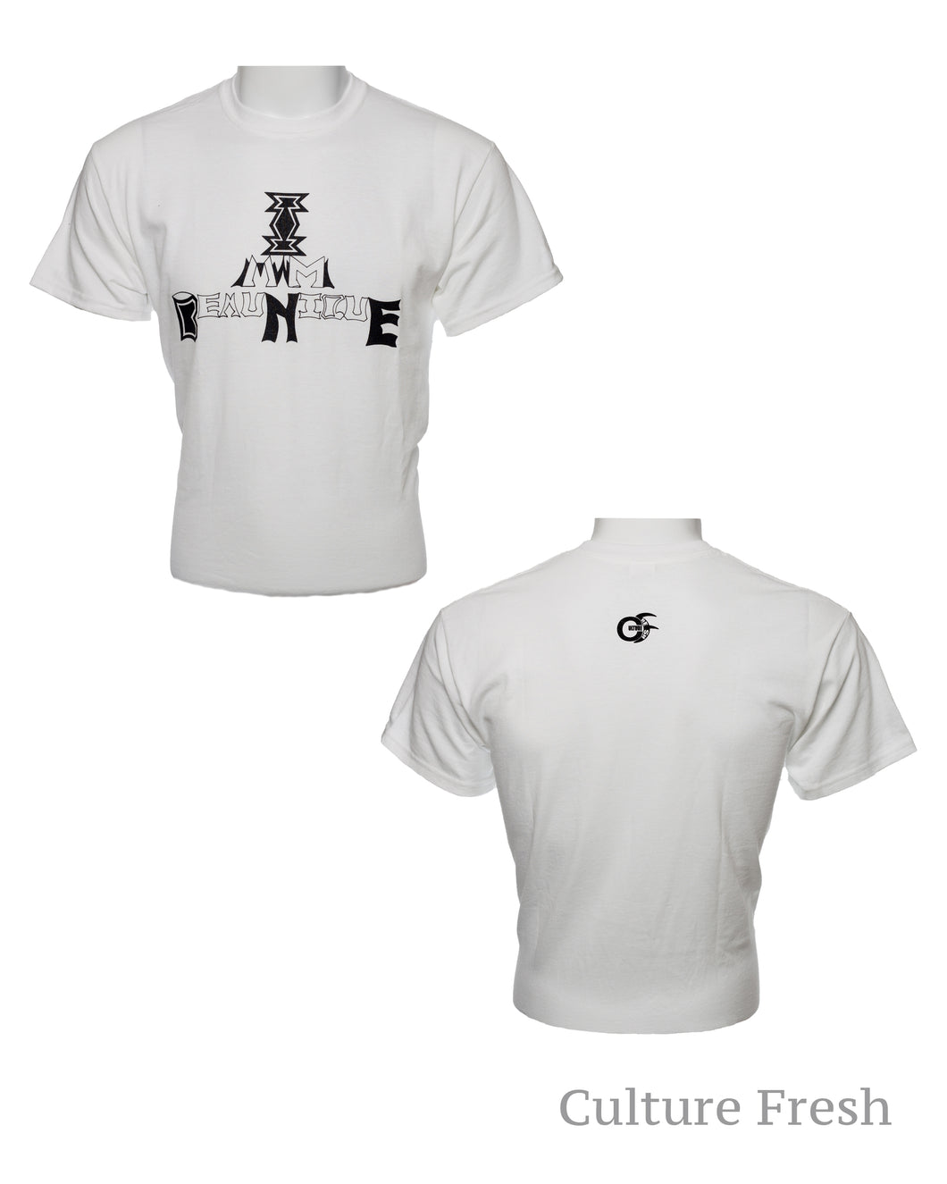 White Short Sleeve T Shirt with I AM BEAUNIQUE print at front with small culturefresh logo at back. I am Beautiful and Unique / Beaunique.